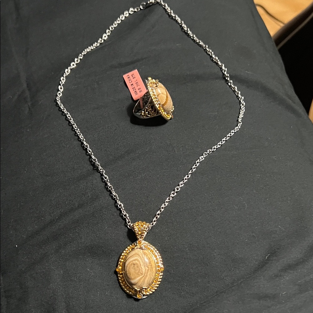 🪶 Jasper & Stainless Steel Jewelry Set – Necklace + Ring (Size 10), Synthetic - Picture 10 of 14